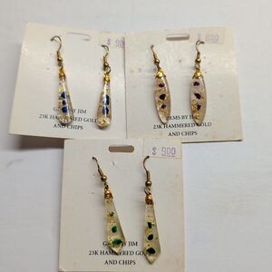 (3) Pair Pierced 23K Hammered Gold inside Dangle Earrings Green Blue Purple